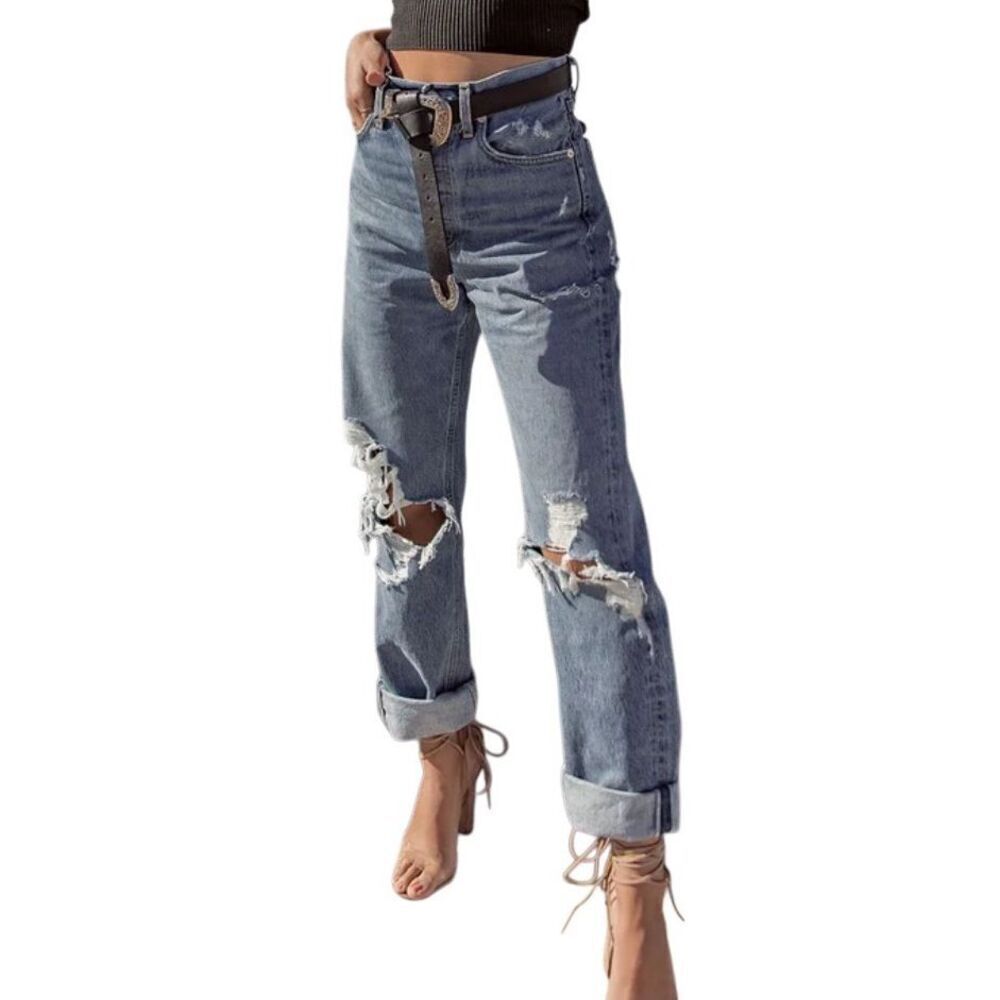 Agolde Blue Distressed 90s Pinch Waist Straight Denim Jeans Size 25